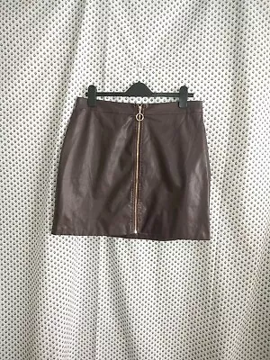 QED London Chocolate Brown Zip Front Lined Faux Leather Mini Skirt Size 14 Vgc • £5.58