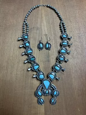 248 Grams  Vintage  Sterling Silver TURQUOISE Squash Blossom NECKLACE & Earrings • $1500