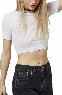 £12.97 • Buy Topshop Slash Crop Top Tee Size 6 White Ribbed Cotton T-Shirt