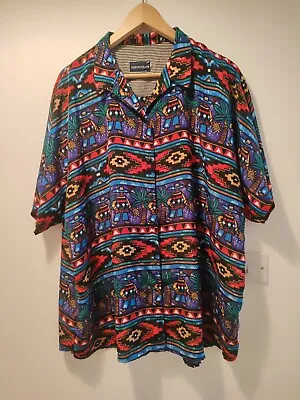 Vintage Men’s Colourful Arty Retro Boho Holiday Print Button Up Shirt Large XL • £17.99