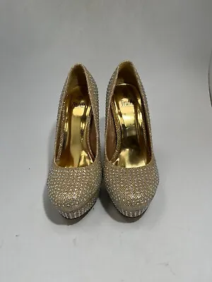 £5.50 • Buy Truffle Gold/Gemstone Covered Heeled Shoes Size UK 5 #RS