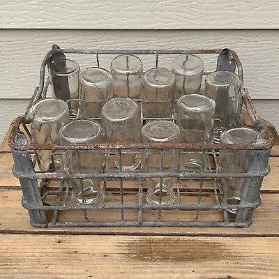 Vintage Marigold Dairy Metal Milk Crate + 12 Half Pint Glass Bottles (Holds 24) • $64.99