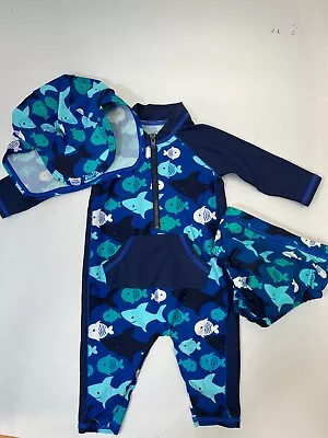 £3.99 • Buy Marks & Spencer Babies Blue Mix Shark Print 3 Piece Swimwear Size 0-3 Months #RS