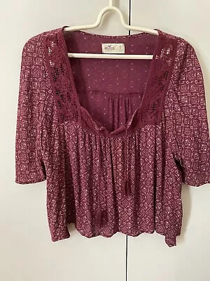 $9.99 • Buy Hollister California Blouse Top Size S 8/10 Wine  Gold Boho PrintCrotchet Fault