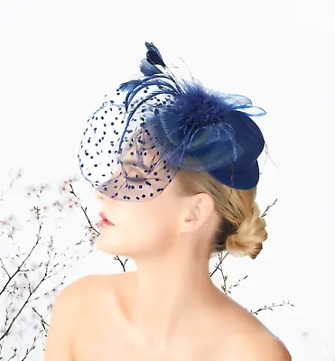 Navy Blue  Mini Top Feather Mesh Fascinator Hat Woman Headpiece Cocktail Party • $12.99