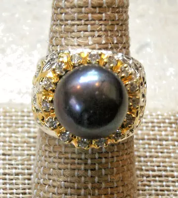 Elegant Black Pearl & CZ Ring Vermeil Trim 925 Sz 8 10.6 Grams • $49.99