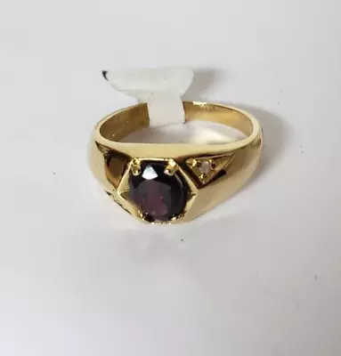 Men's Ring 24K HGE LIND Ruby Garnet Style Stopne With CZ Accents Size 10 • $19.95