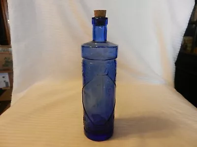 Blue Glass Bottle With Cork Embossed Sunshines 9.25  Tall EMPTY • $22.50