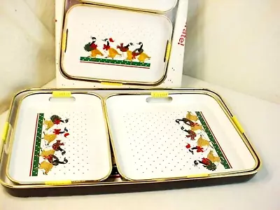 Vtg 3 Pc Set Lacquer Serving Trays Handles Xmas Canadian Geese Japan W Box FrShp • $27.99