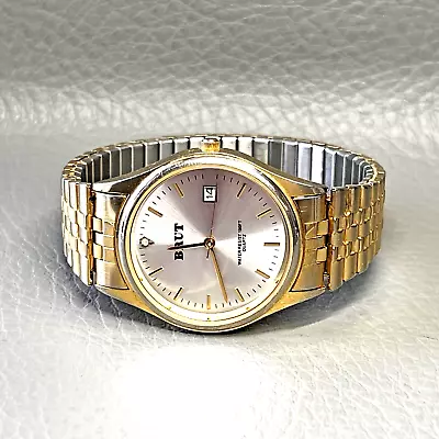 Vintage Brut Watch Men Gold Tone 6.5  Stretch Band 35mm Dial Date Quartz Diamond • $27.90