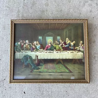 Vintage THE LAST SUPPER Framed Print Approx 10 3/4”x9” Gold Painted Wood Frame • $44