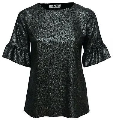 £13.95 • Buy Shiny Silver Black Short Sleeve Flared Cuff Fitted Top Ladies New Party Wear