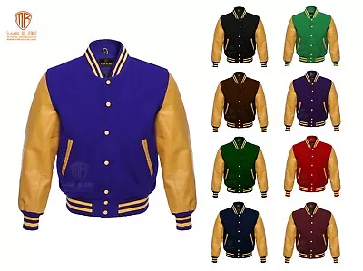 Varsity Letterman Jacket Baseball School Jacket Wool & Gold Leather Sleeves • $119.99