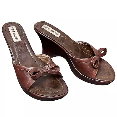 Steve Madden Vintage Y2K Brown Leather Platform Heel Sandals Bow Straps • $35