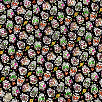 100% Cotton Fabric John Louden Tossed Skulls Floral Mexican Candy Skull 150cm W • £6