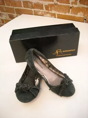 B Makowsky Tyson Navy Blue Suede Chain Bow Ballet Flats 7W New • $29.95