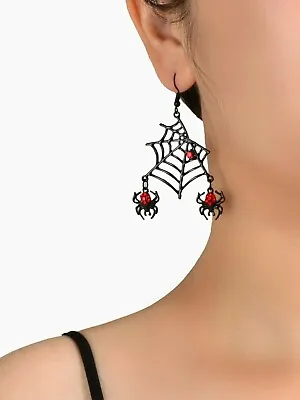 $1.99 • Buy Halloween Jewelry Gothic Red Rhinestone Black Spider Web Statement Drop Earrings