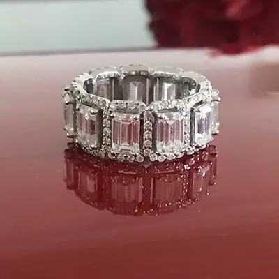 4.25 Ct Moissanite Colorless Emerald Halo Micro Pave Full Eternity Ring • $2999