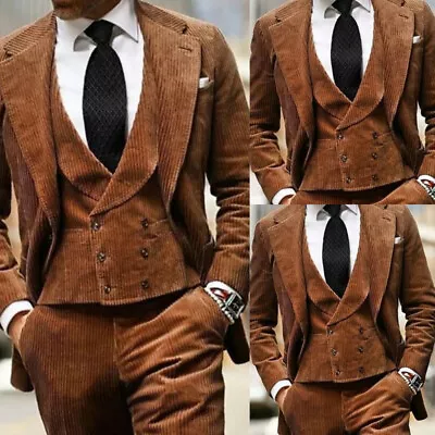 Vintage Brown Corduroy Men Suits 3Pcs Formal Leisure Wedding Groom Tuxedo Prom • $110.35