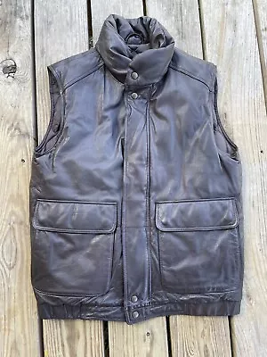 Vtg Eddie Bauer Mens Brown Leather Vest Goose Down Insulation Biker Zip Up Sz S • $98