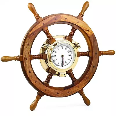 Nautical 26  Elite Elegant Porthole Wall Clock Wooden Ship Wheel Beveled Glass • $159