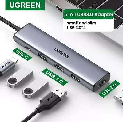 $27.95 • Buy Ugreen USB Hub USB 3.0 5 In 1 Adapter Data For Laptop Mac Slim Form Aluminium