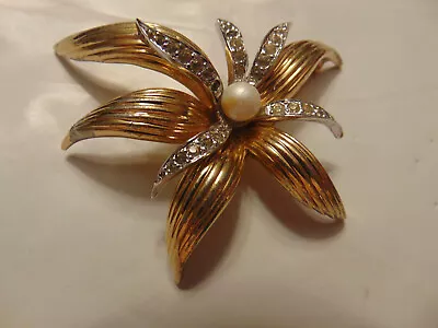 Vintage Signed Joseph Mazer JOMAZ Brilliant RS & Faux Pearls Floral Brooch • $40