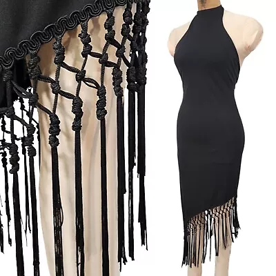 Vtg 90s Prom Dress Small Halter Fringe Mini Black High Neck Asymmetrical Dress S • $69.99