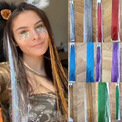 250 Stands Strands Holographic Sparkle Hair Tinsel Extensions All Colors Dazzles • £2.29