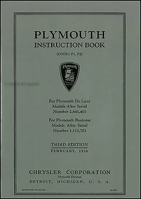 1936 Plymouth Owners Manual Instruction Book P1 P2 Owner Guide Book • $84.69