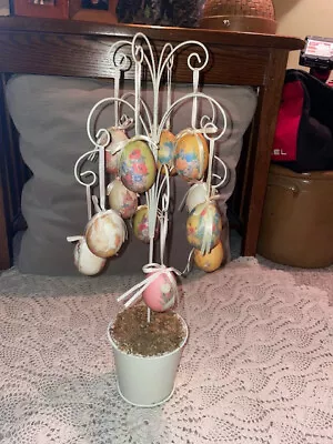 Vintage Metal Easter Tree 19  With 12 Decoupage Easter Eggs - Complete In Box • $25