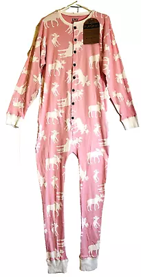 NWT Lazy One Flap Jack L One Piece Pajamas Adult Women Pink Don’t Moose With Me • £19.28