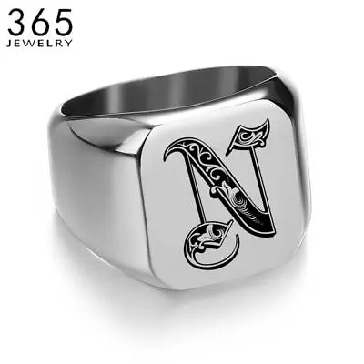 Ring Men Initial Stainless Steel Hip Hop Rings Silver Color Initial Engrave A-Z • $8.90