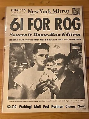 VINTAGE NEWSPAPER HEADLINE~ROGER MARIS BEATS BABE RUTH 61 HOME RUNS Oct. 1961 • $14.49