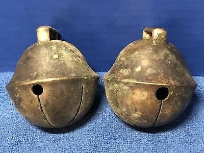 2 MATCHING Antique SOLID Brass 2&3/4”dia. Horse SLEIGH BELLS Marked #8 Same Size • $45