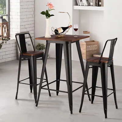 Wooden Industrial Metal Bar Stools And Table Set Breakfast Kitchen Bistro Cafe • £189.95