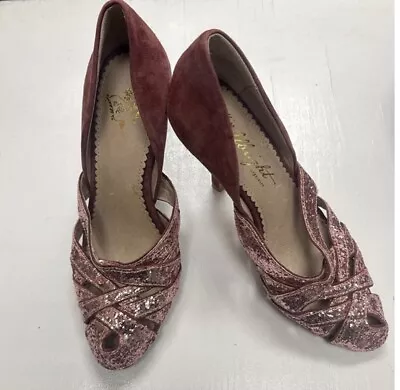 Anthropologie Miss Albright Heels Womens 7 M Dominique Maroon Sequin Leather • $12