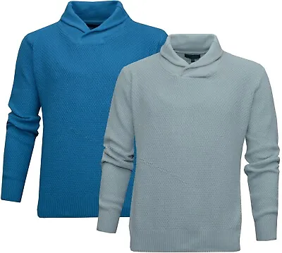 Mens Plain Jumper Shawl Neck 100% Cotton Knitwear Top Pullover Sweater M - 2XL • £10.95