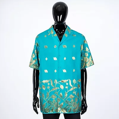 GUCCI 1400$ Blue Bowling Shirt With Gold Flowers & Leave Lamé Fil Coupé • $476