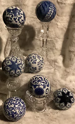 Vintage 7 Carpet Balls Decorative Blue & White Floral Ceramic Spheres 3” Round • £53.52