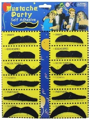 12 Black Fake Moustache Assortment Novelty Mustache Fancy Dress Self Adhesive • £2.75