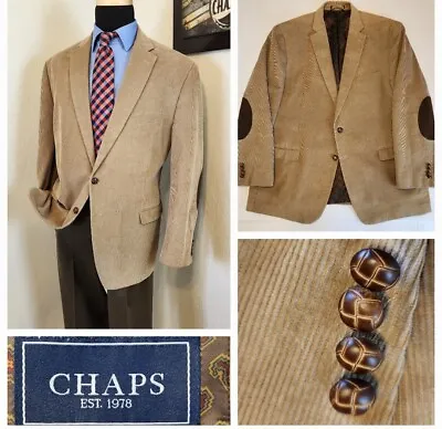 CHAPS Elbow Patch Corduroy Jacket Men 48R Blazer Tan Sport Coat Leather Buttons • $50.60