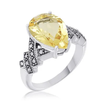 Pear Cut Marcasite & Citrine Solitaire Engagement Ring Sterling Silver • $294.09