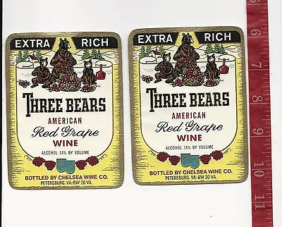 Vintage Lot 2 Wine Labels Three Bears American Red Grape  • $9