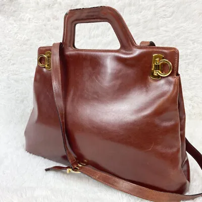 Salvatore Ferragamo Vintage Handbag 2way Shoulder Leather Brown Used Japan Auth • $309.99