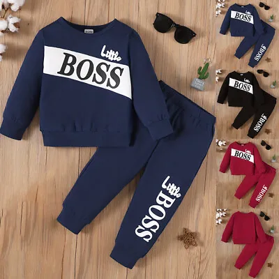 Kids Boys Little Boss Sweatshirt Tops Pants Tracksuit Outfit Set Toddler Clothes • £9.19