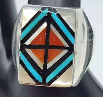 Angelena Laahty Zuni Native Sterling Multi Stone Inlay Mens Ring Size 11 • $142.45