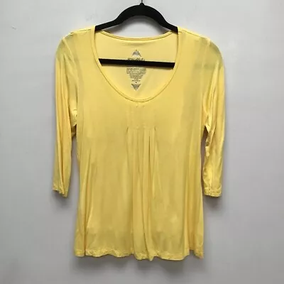 Miraclebody Womens Blouse Yellow 3/4 Sleeve Scoop Neck Pleated Lined USA M • $10.26