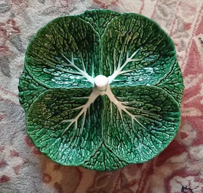 Vintage Pottery Green Cabbage Leaf Divided Serving Bowl 4 Section 13  X 13  • $24.99