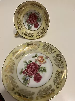 Royal Sealy China Japan Footed Tea Cup Saucer Yellow Pearl W Pink Roses Vintage • $20